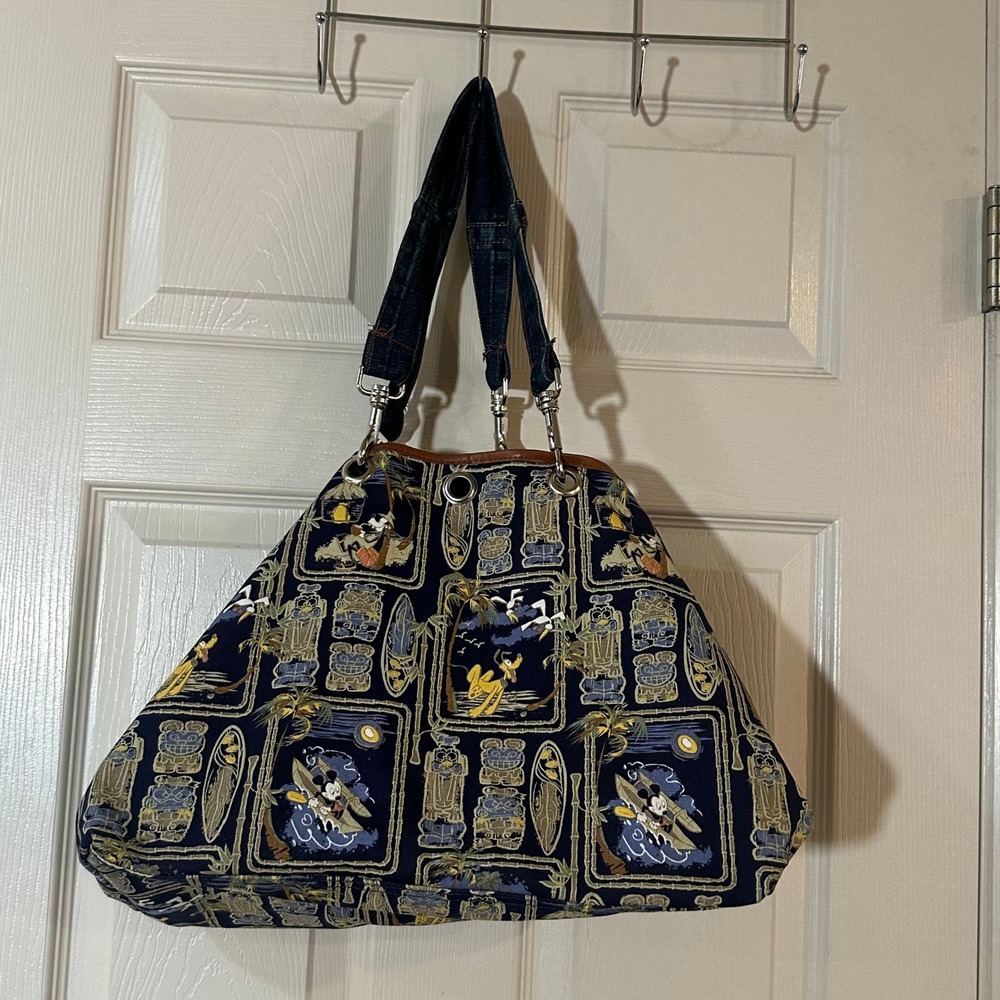 Disney Parks Mickey Mouse Hawaiian Tiki‎ Tote Bag Denim Strap Tropical Canvas